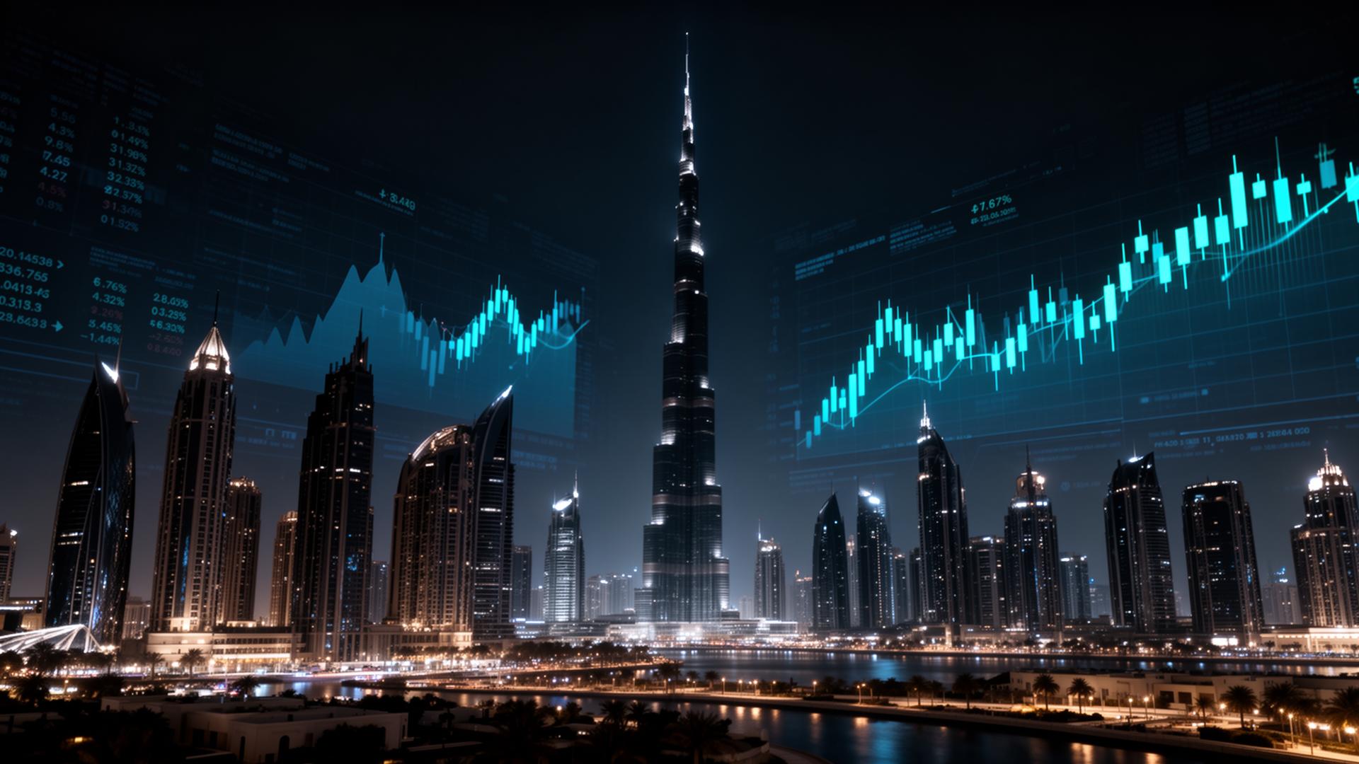 London skyline with global financial trading charts